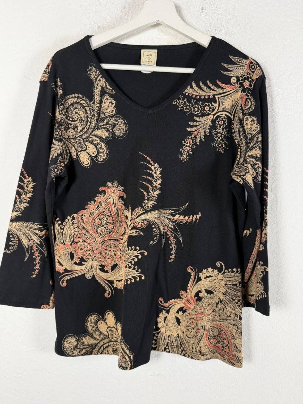 Jess & Jane Womens Paisley Works Top Medium Black V-Neck 3/4 Sleeve Knit USA